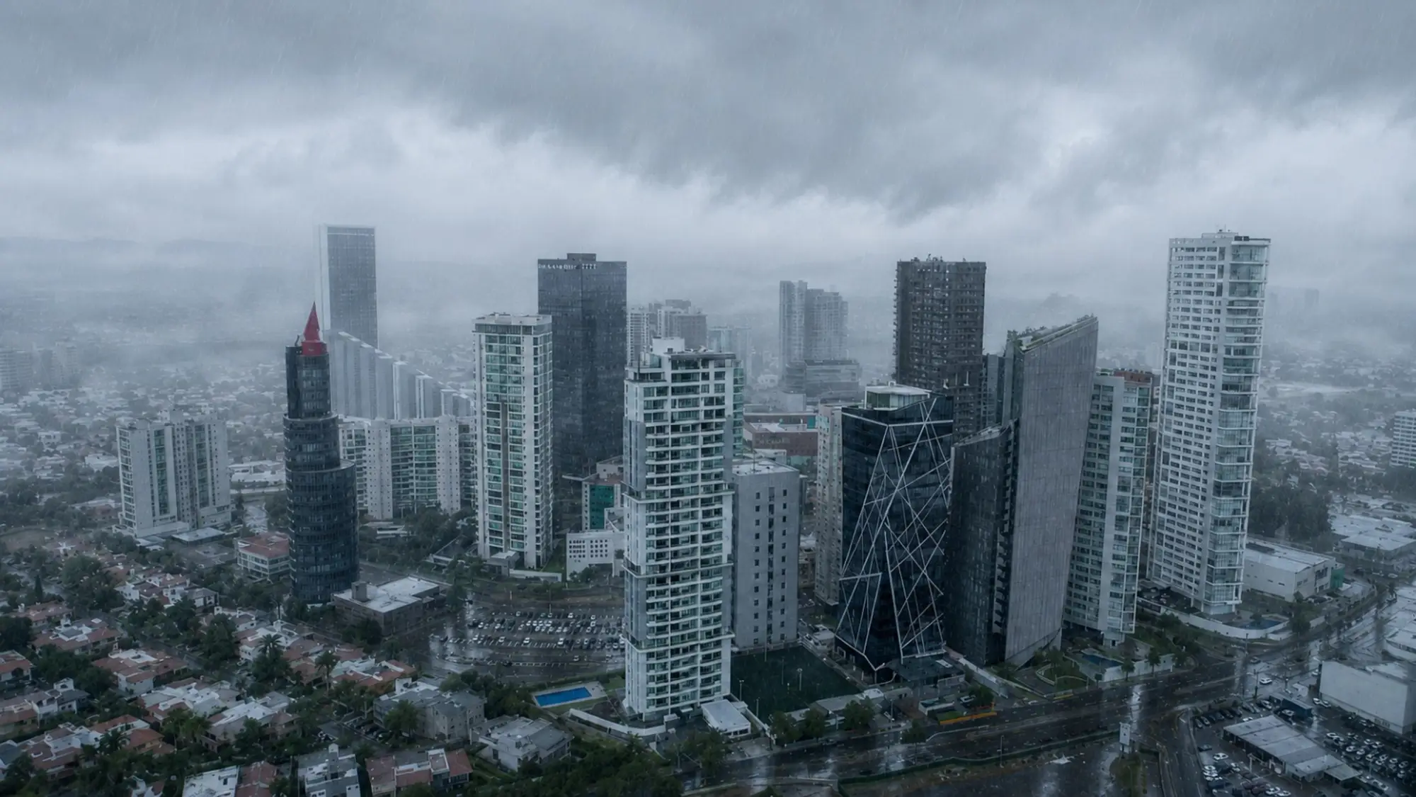 Vista aérea de Puerta de Hierro, Zapopan, bajo lluvia y neblina